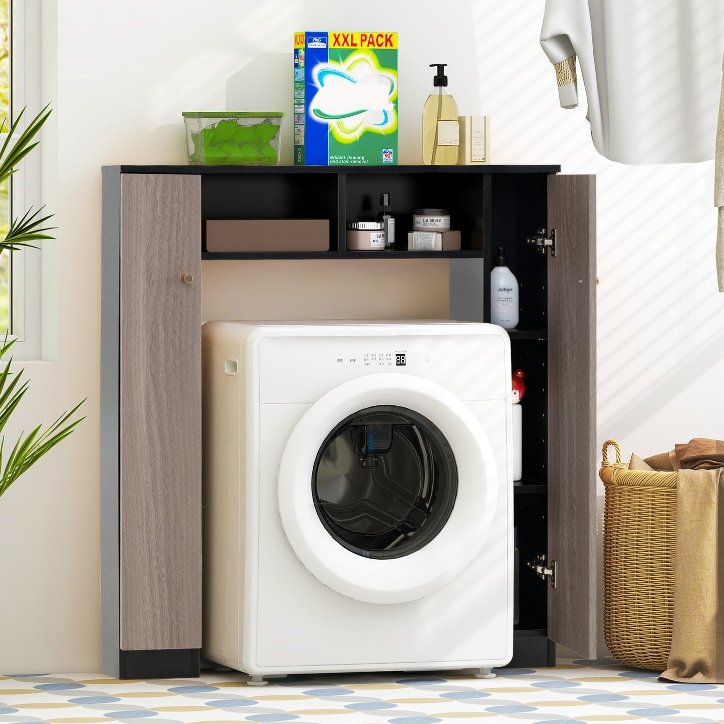 Over The Toilet Storage Cabinet with 2 Open Compartments and 4 Adjustable Shelves-Black