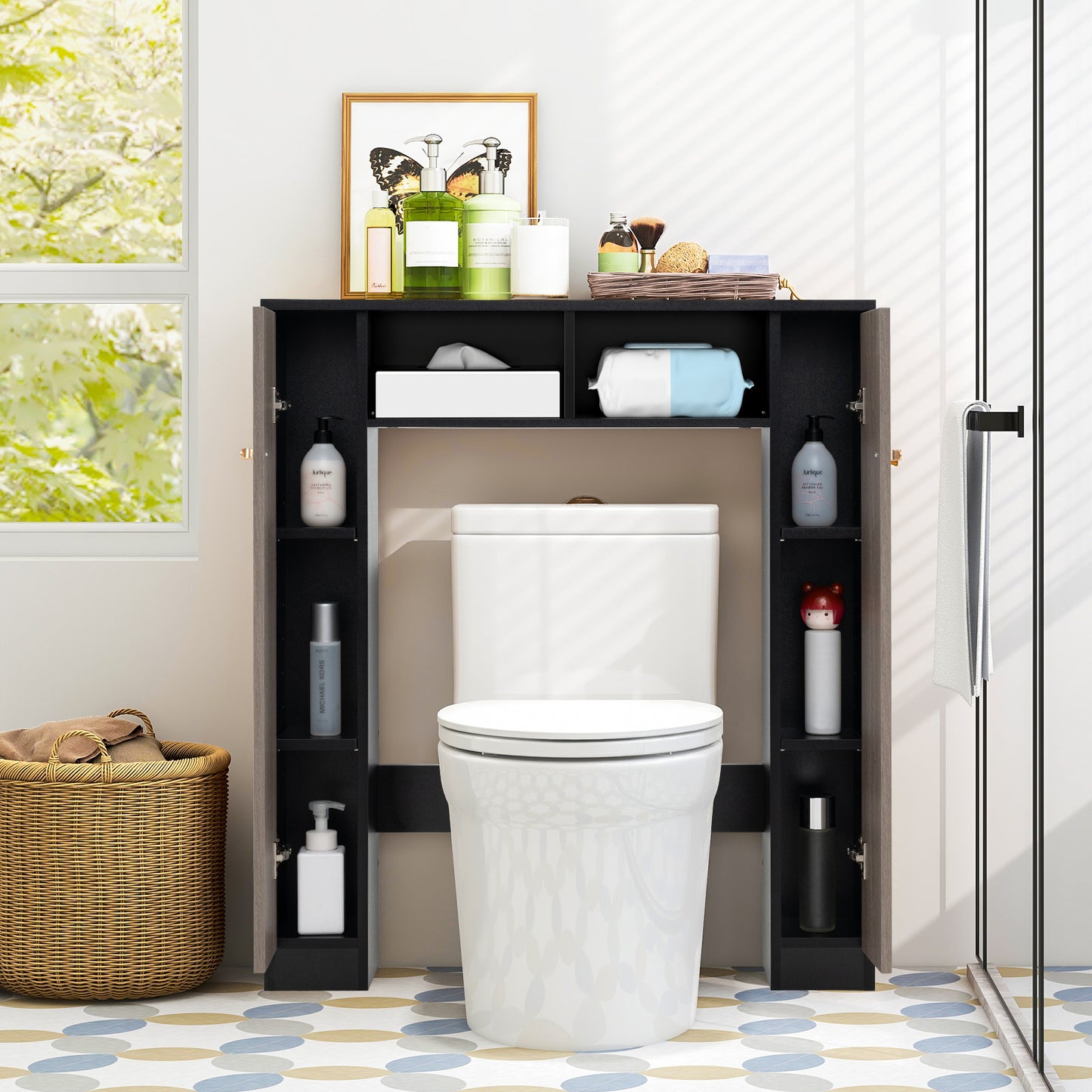 Over The Toilet Storage Cabinet with 2 Open Compartments and 4 Adjustable Shelves-Black
