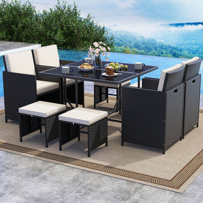 9 Piece Patio Dining Set with Tempered Glass Table and Ottoman-Beige