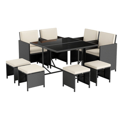 9 Piece Patio Dining Set with Tempered Glass Table and Ottoman-Beige