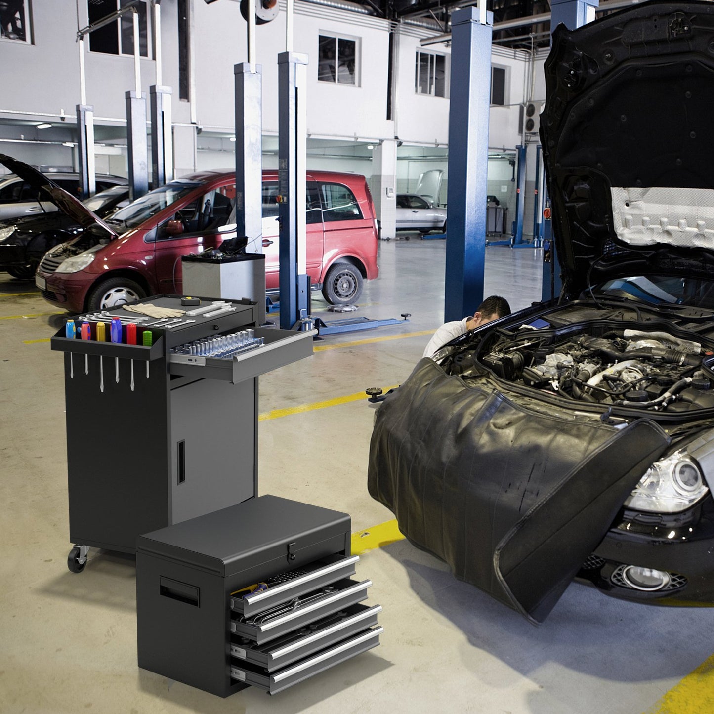 2-in-1 Tool Chest and Cabinet with 5 Sliding Drawers-Black