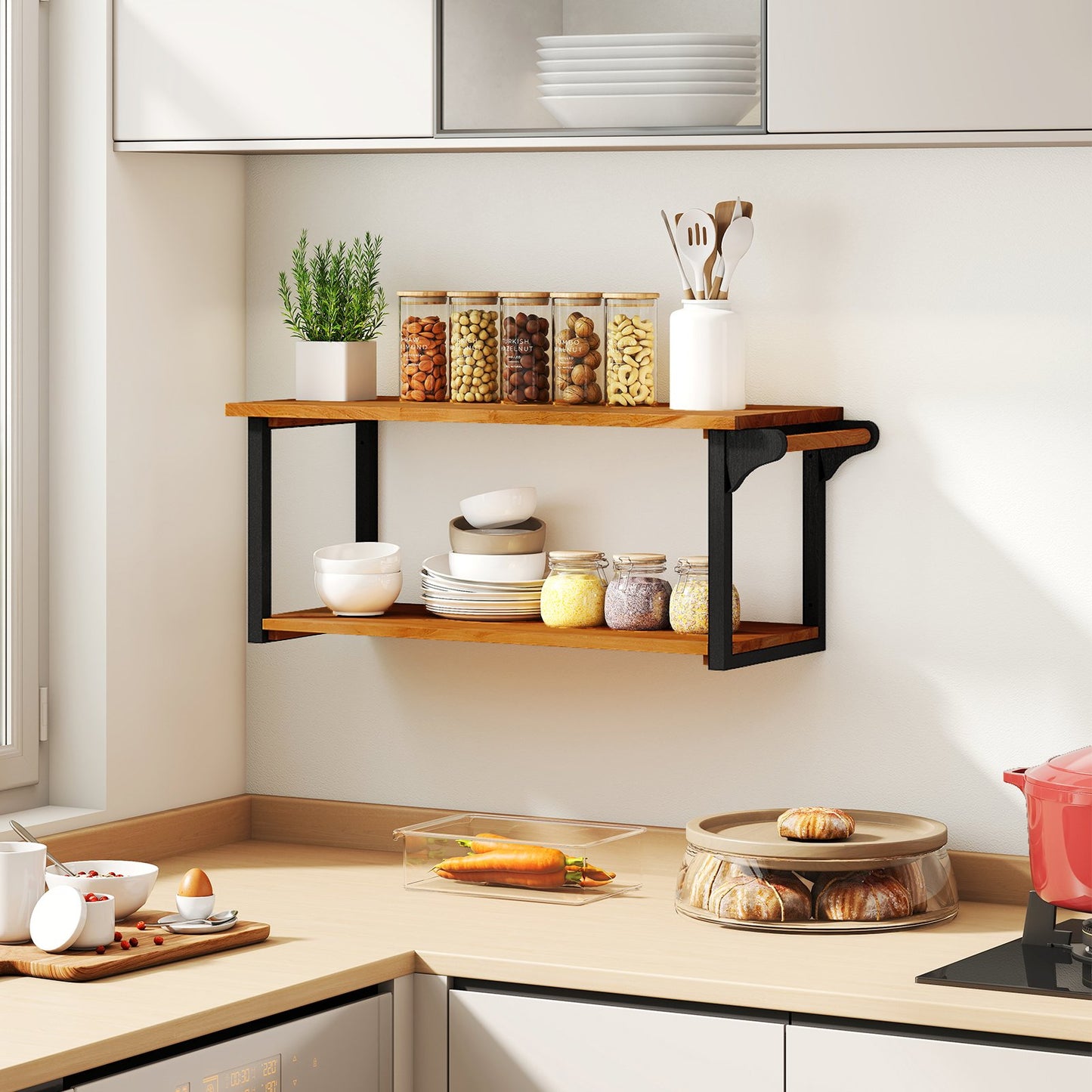 Teak Wood Wall Mounted Floating Shelves with Towel Bar