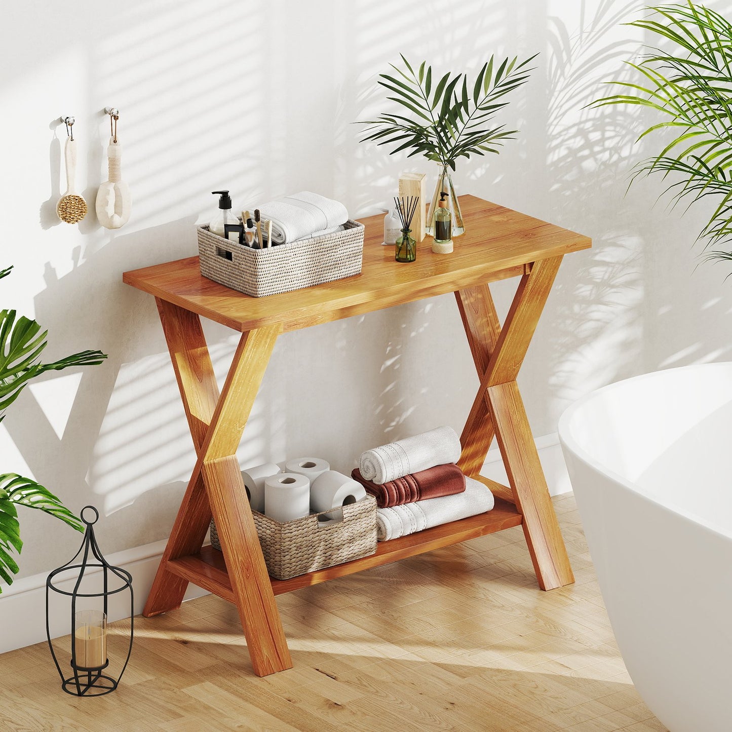 35 Inch Solid Teak Wood Console Table with Storage Shelf