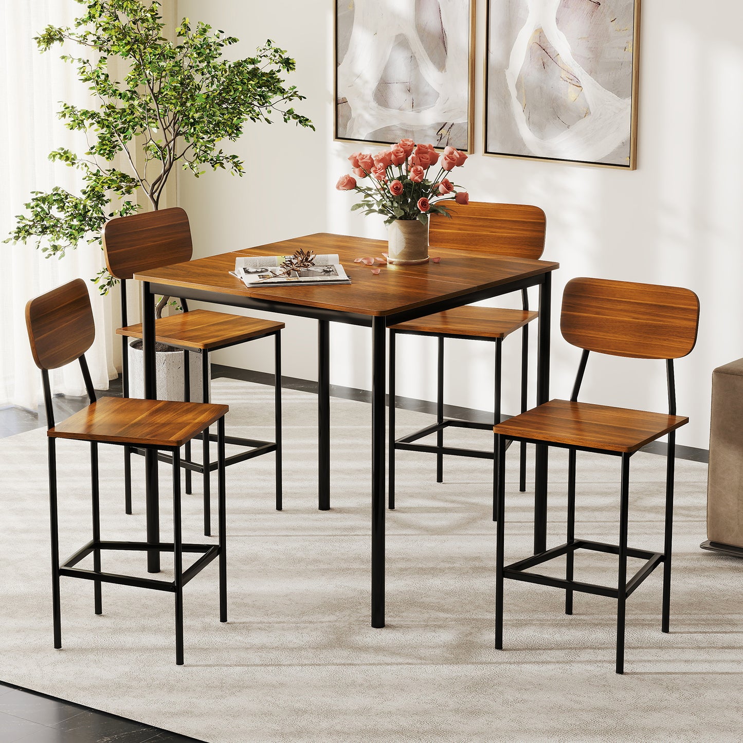 5 Pieces Industrial Dining Table Set with Counter Height Table and 4 Bar Stools-Coffee