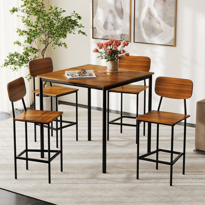 5 Pieces Industrial Dining Table Set with Counter Height Table and 4 Bar Stools-Coffee