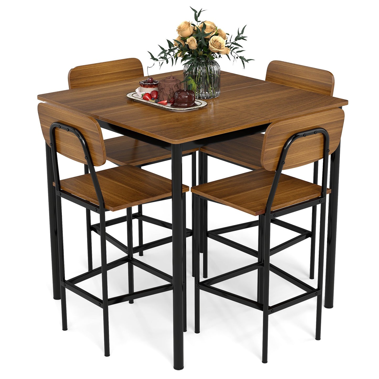 5 Pieces Industrial Dining Table Set with Counter Height Table and 4 Bar Stools-Coffee