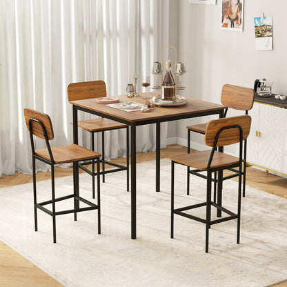 5 Pieces Industrial Dining Table Set with Counter Height Table and 4 Bar Stools-Coffee