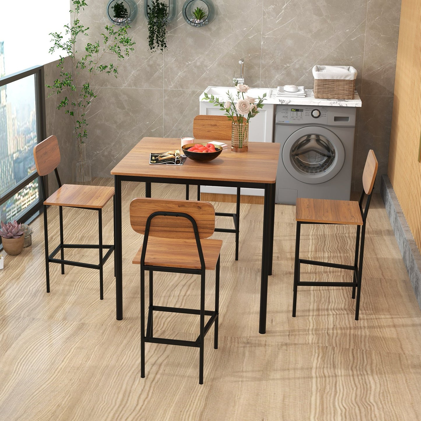 5 Pieces Industrial Dining Table Set with Counter Height Table and 4 Bar Stools-Coffee