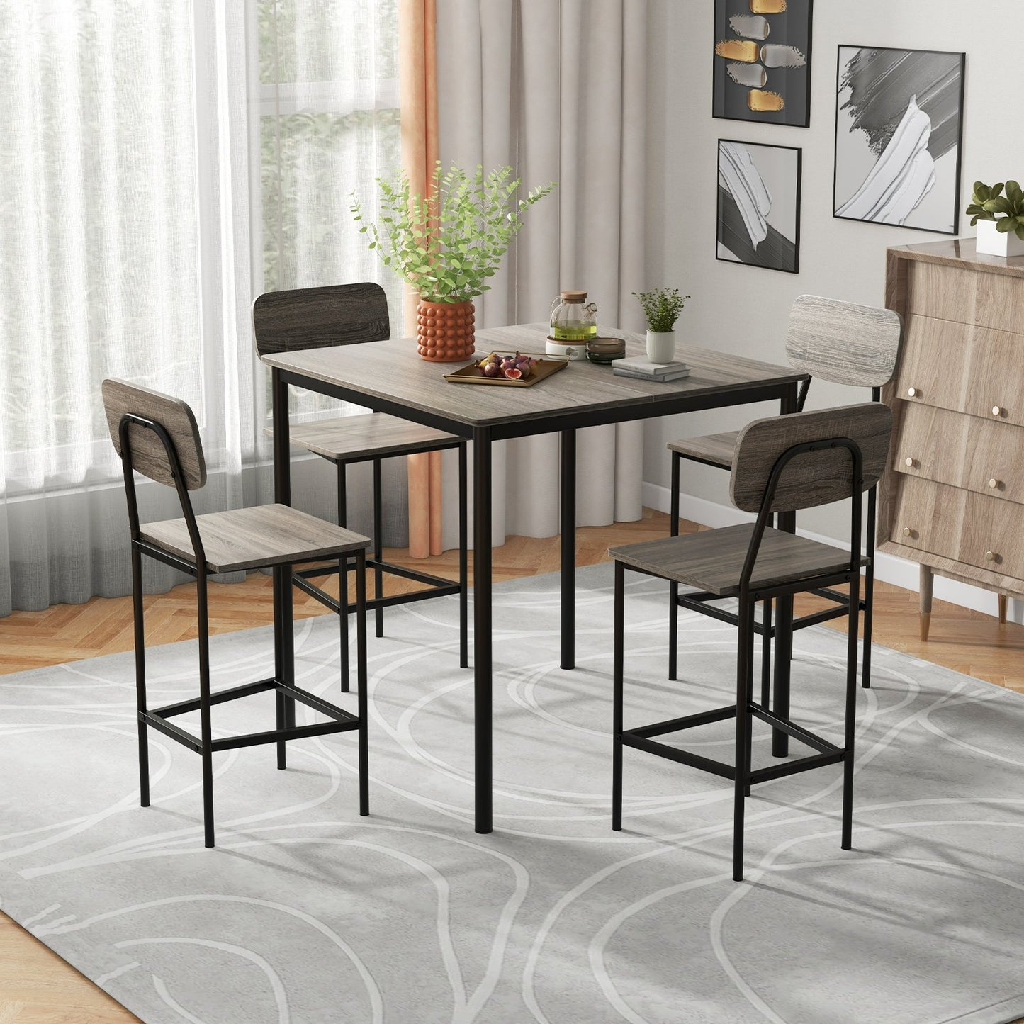 5 Pieces Industrial Dining Table Set with Counter Height Table and 4 Bar Stools-Coffee