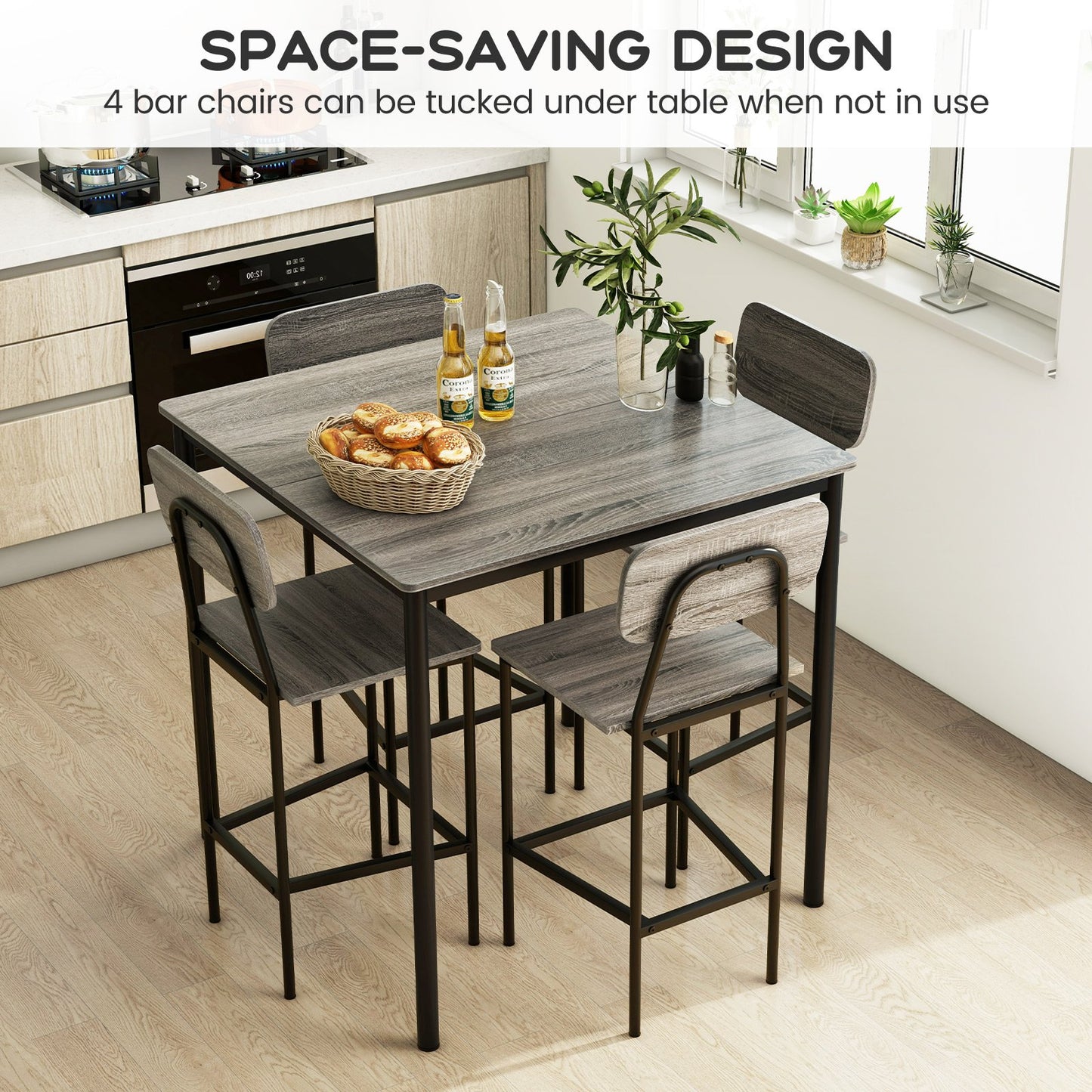 5 Pieces Industrial Dining Table Set with Counter Height Table and 4 Bar Stools-Coffee