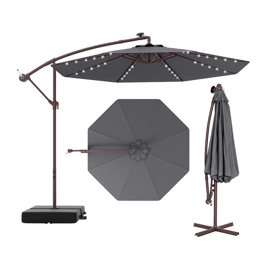 10 Ft Patio Umbrella Offset Cantilever Umbrella with 40 Solar Powered Lights-Gray