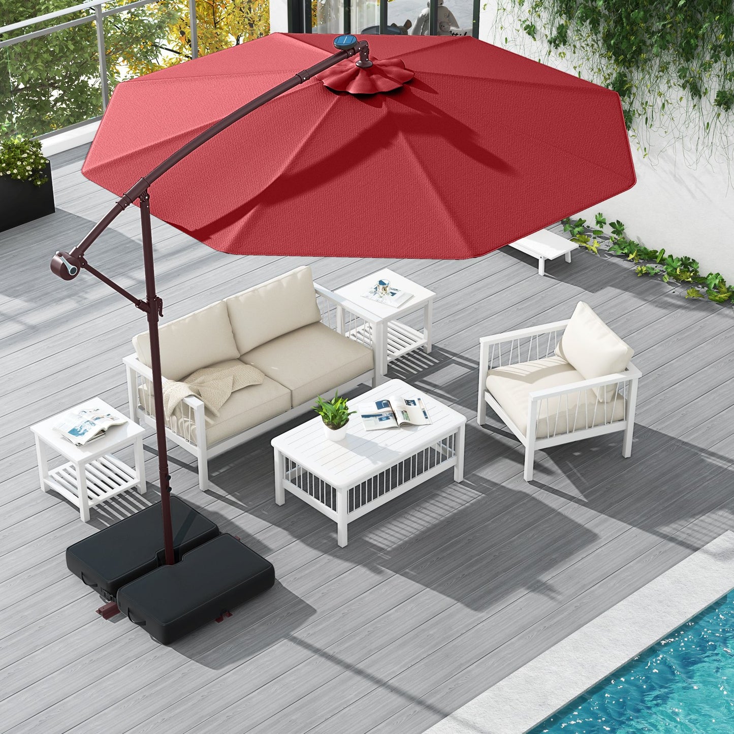 10 Ft Patio Umbrella Offset Cantilever Umbrella with 40 Solar Powered Lights-Gray