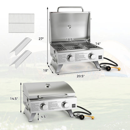 Stainless Steel Propane Grill with Lid for Outdoor Camping Tailgating Picnic Party-Silver