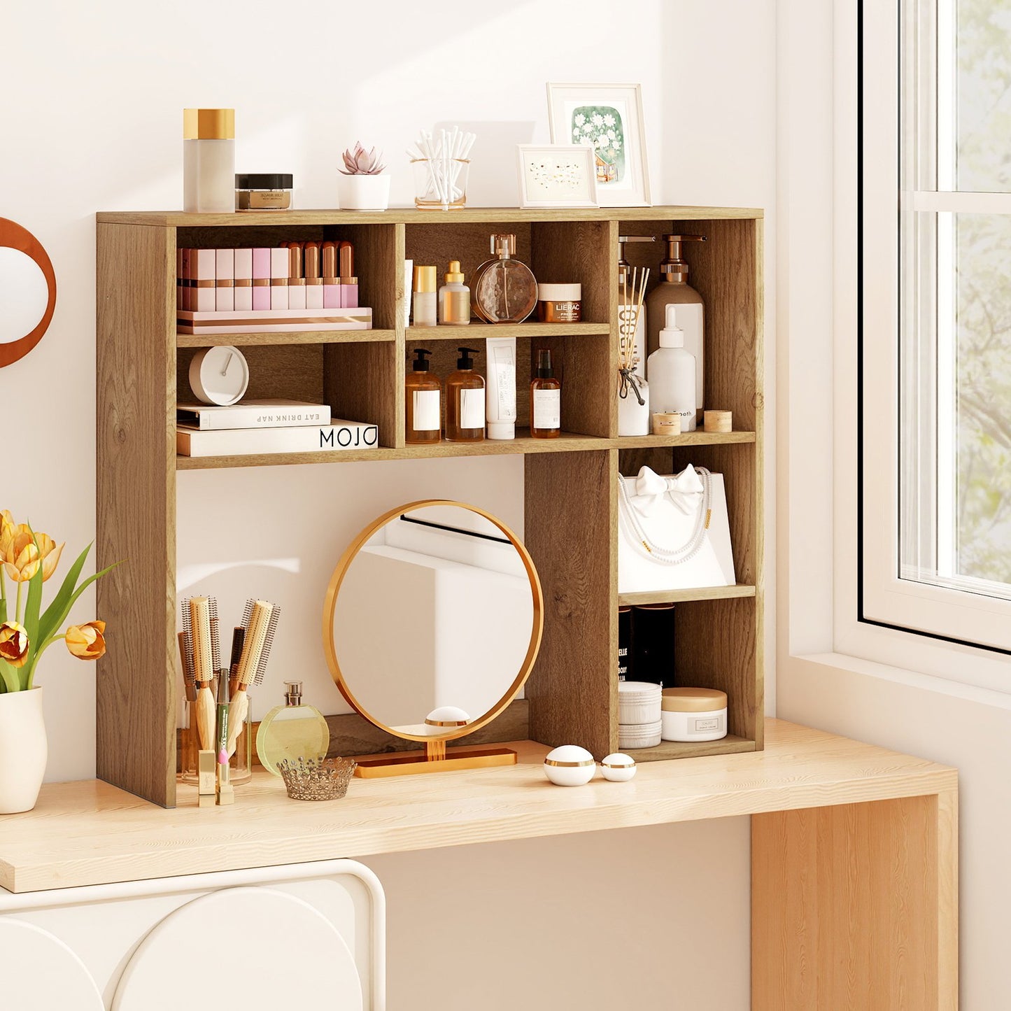 Desktop Bookshelf with 7 Open Cubbies and 3 Adjustable Shelves-Brown