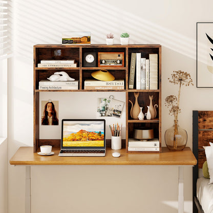 Desktop Bookshelf with 7 Open Cubbies and 3 Adjustable Shelves-Brown