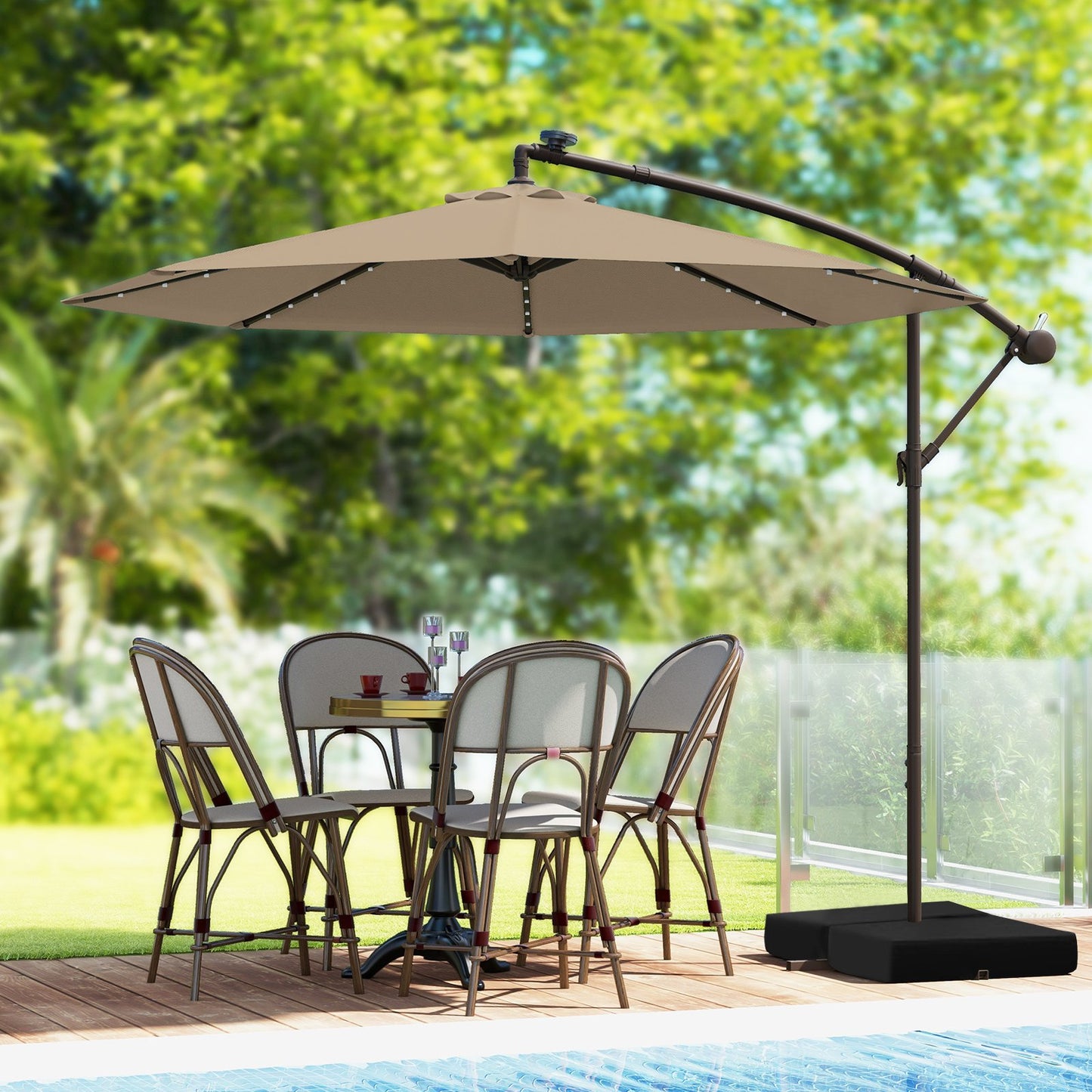 10 Feet Cantilever Umbrella with 32 LED Lights and Solar Panel Batteries-Beige