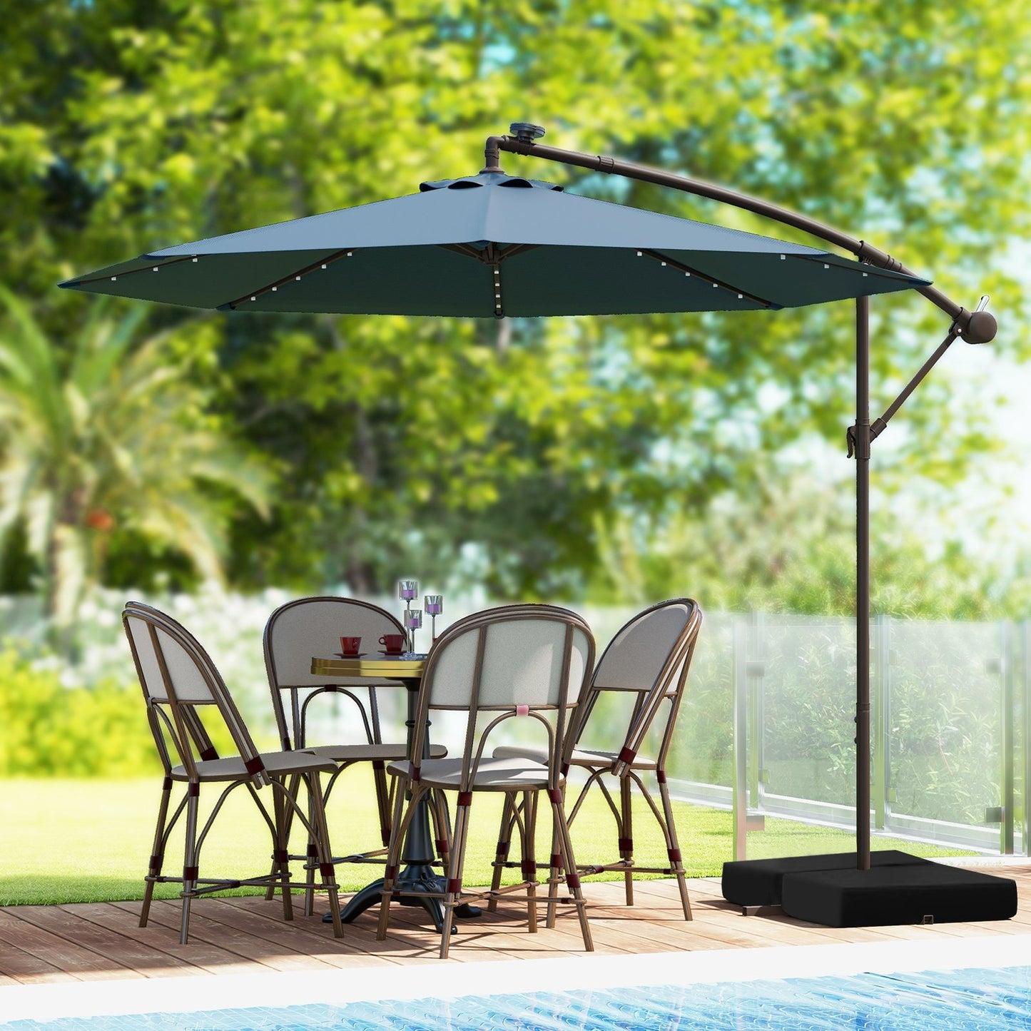 10 Feet Cantilever Umbrella with 32 LED Lights and Solar Panel Batteries-Beige