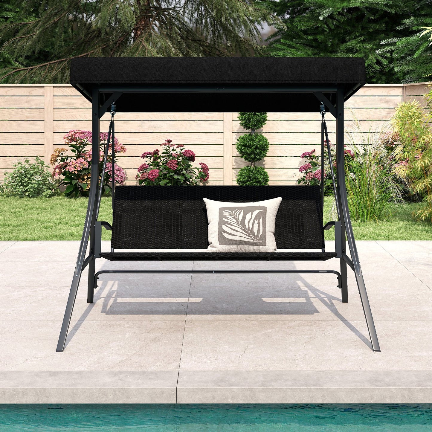 3-Person Porch Swing with Stand Outdoor Canopy Swing with Rattan Seat Back-Black