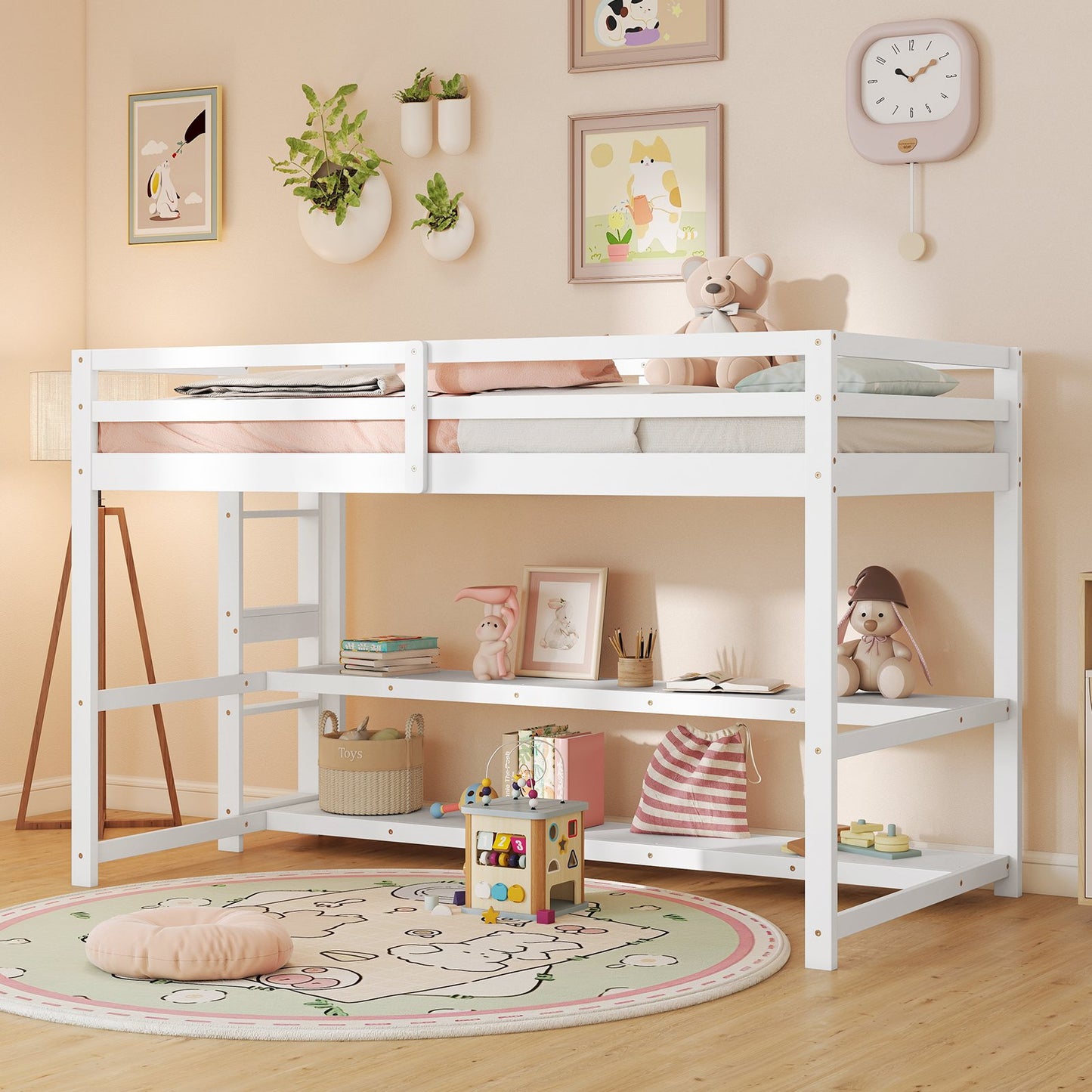 Twin Size Loft Bed with Storage Shelves Full-length Guardrails and Ladder-White
