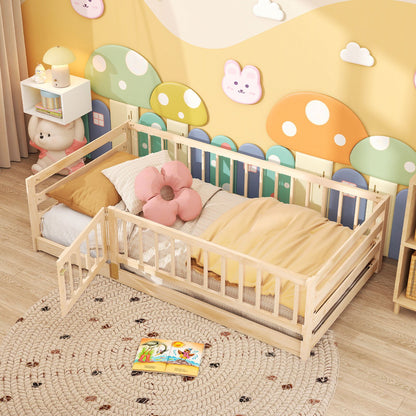 Twin Size Floor Bed with High Fence and Door Playhouse for Kids-Gray