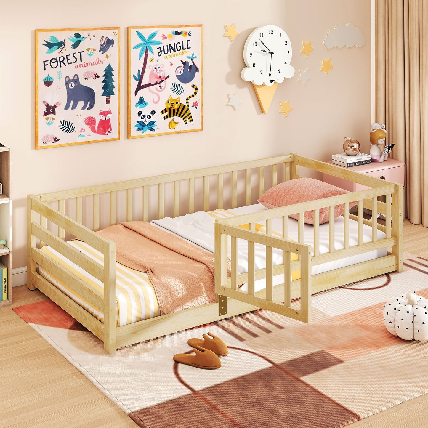 Twin Size Floor Bed with High Fence and Door Playhouse for Kids-Gray