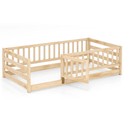 Twin Size Floor Bed with High Fence and Door Playhouse for Kids-Gray