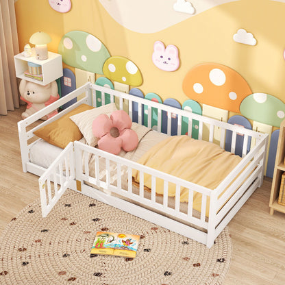 Twin Size Floor Bed with High Fence and Door Playhouse for Kids-Gray