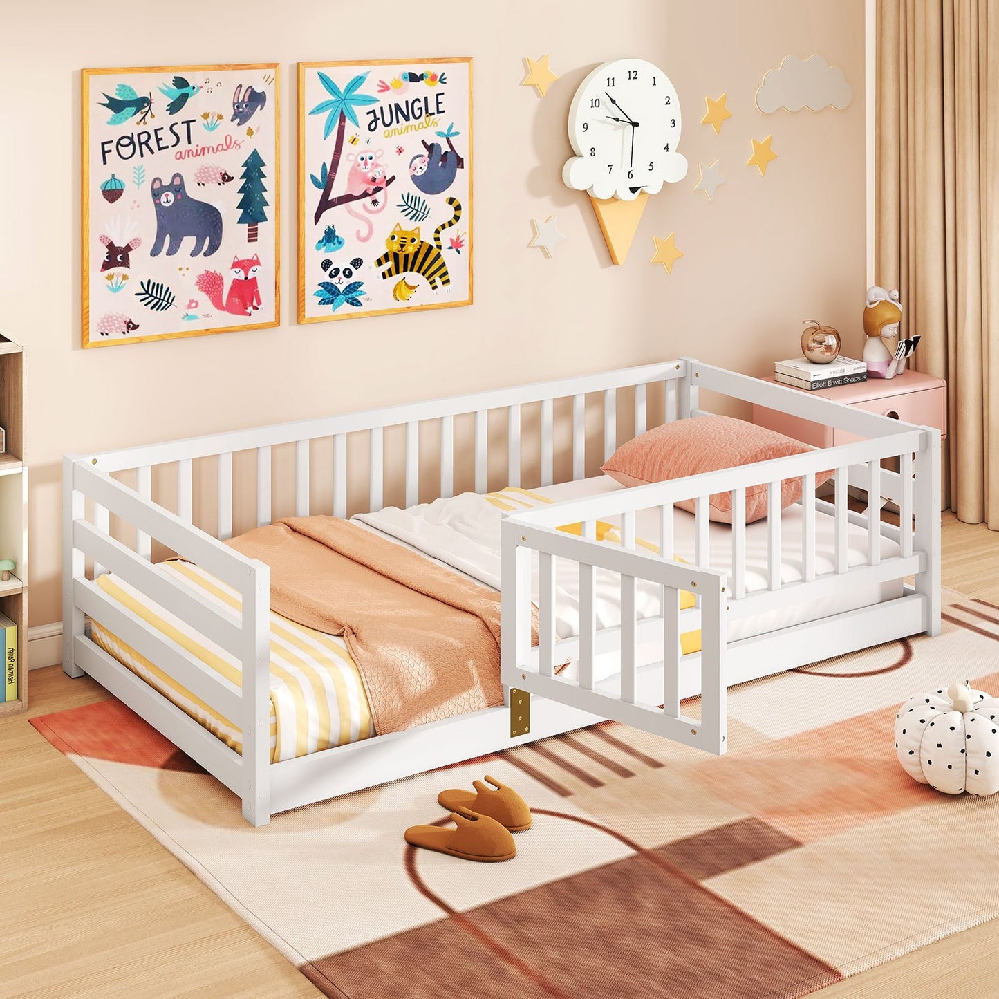 Twin Size Floor Bed with High Fence and Door Playhouse for Kids-Gray