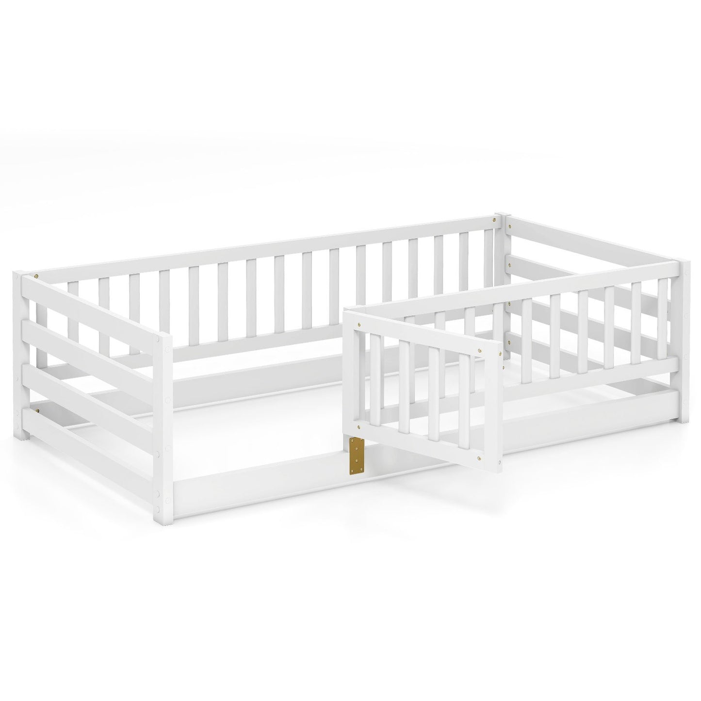 Twin Size Floor Bed with High Fence and Door Playhouse for Kids-Gray