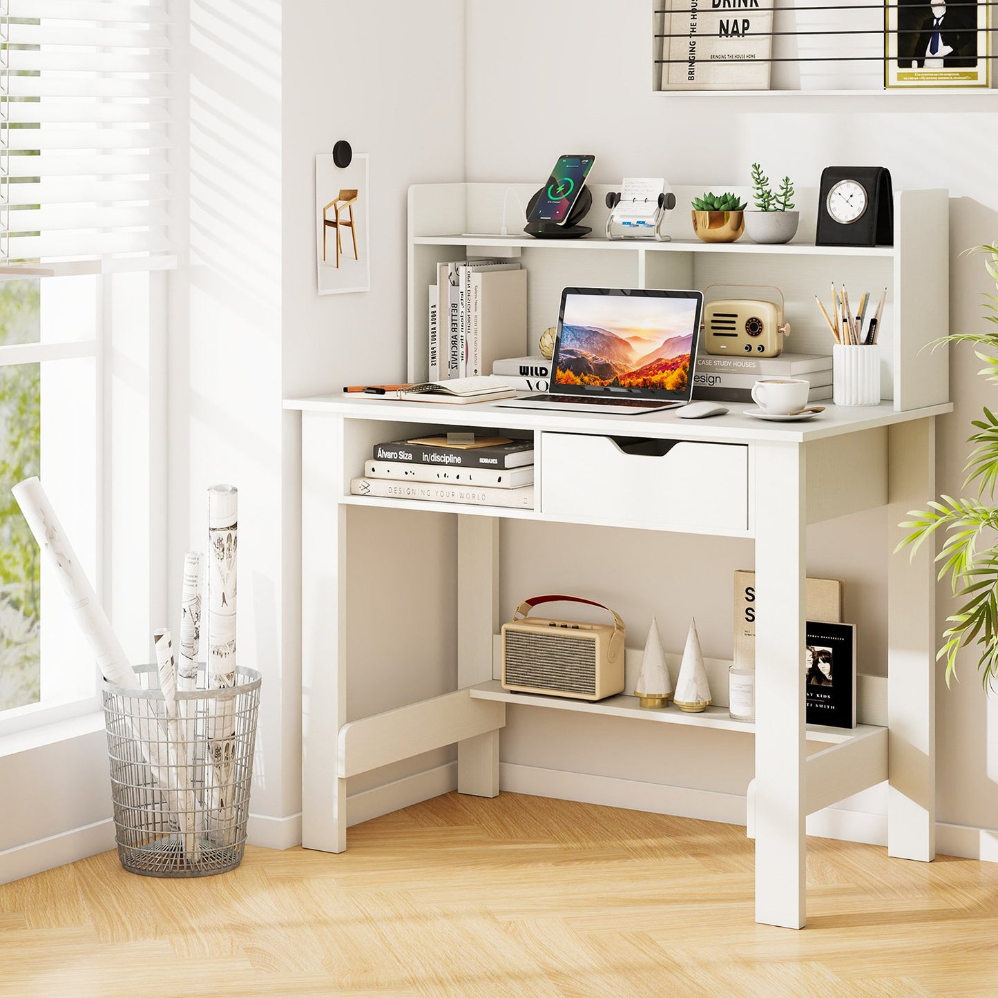 Home Office Computer Desk with Storage Shelves and Drawer Ideal for Working and Studying