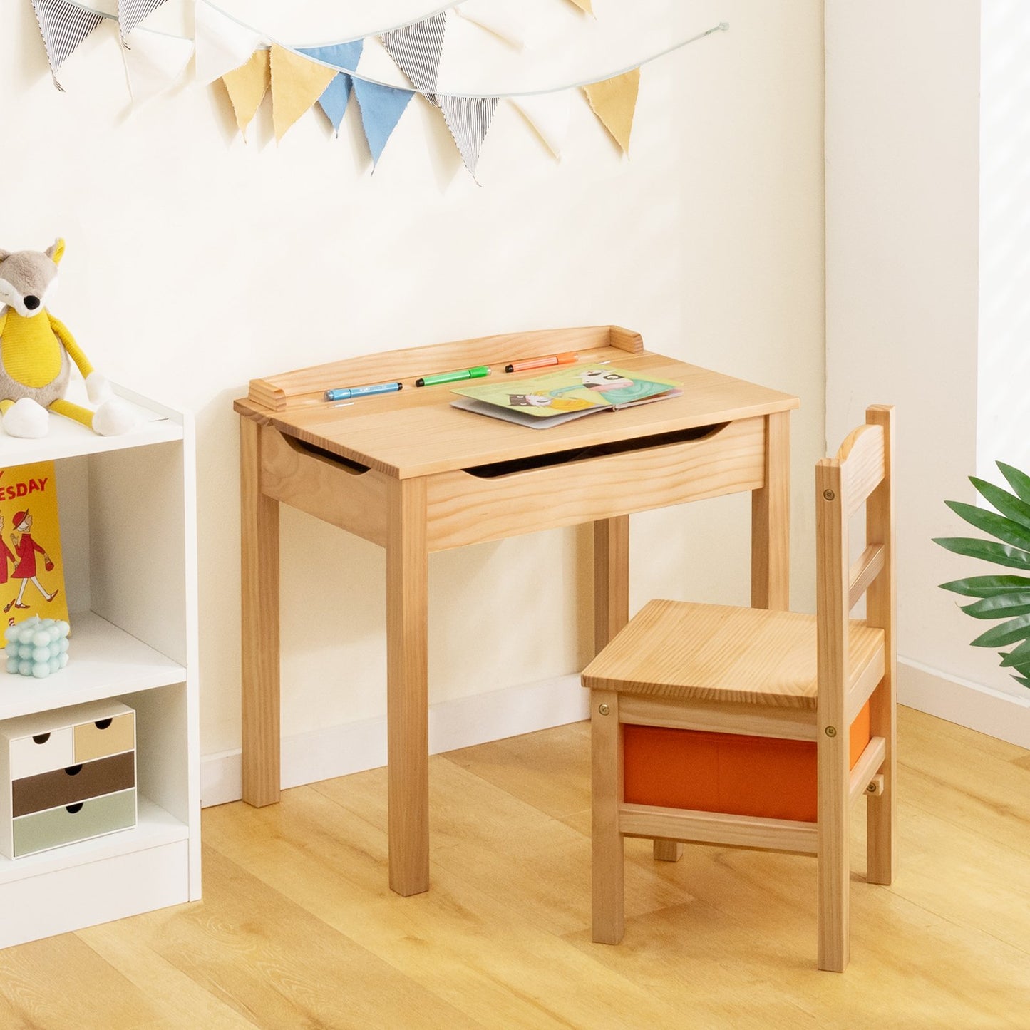 Wood Activity Kids Table and Chair Set with Storage Space-Brown