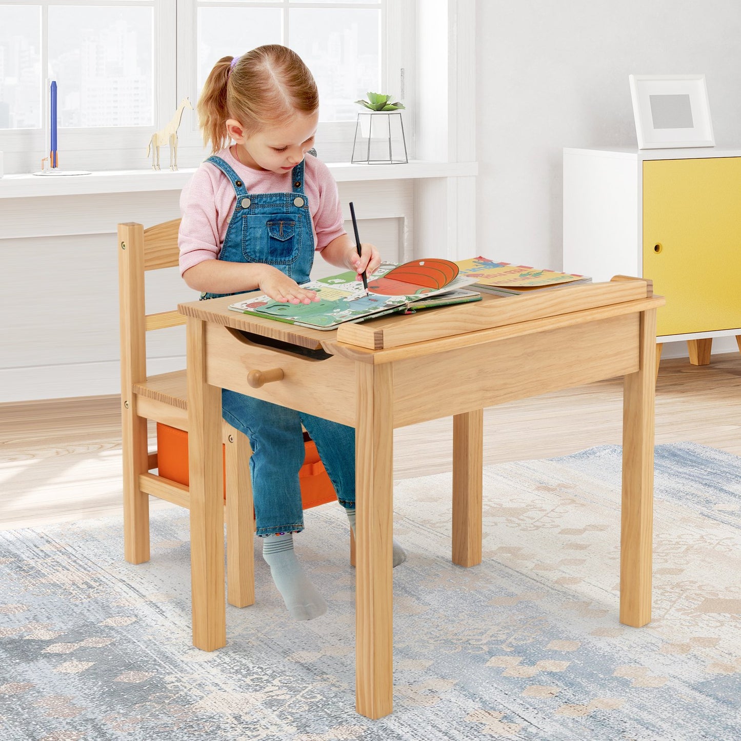 Wood Activity Kids Table and Chair Set with Storage Space-Brown