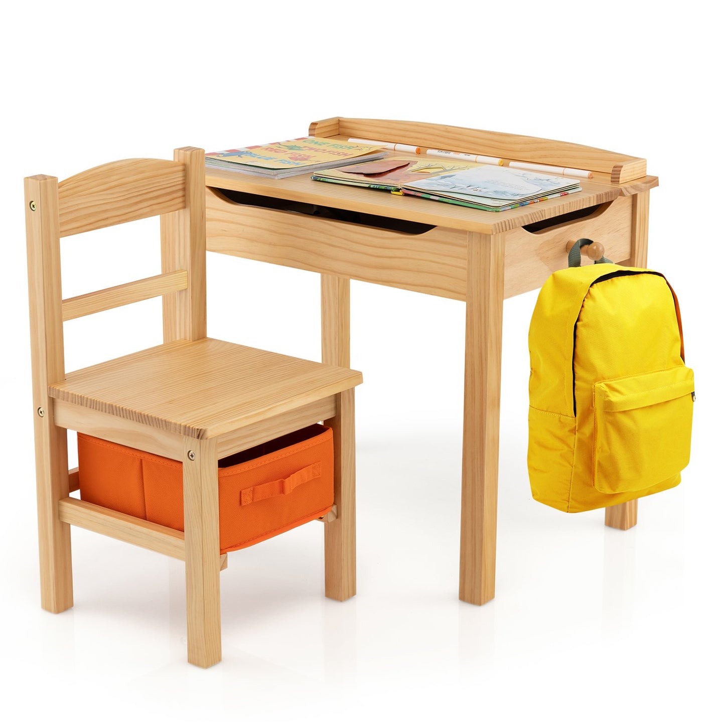 Wood Activity Kids Table and Chair Set with Storage Space-Brown