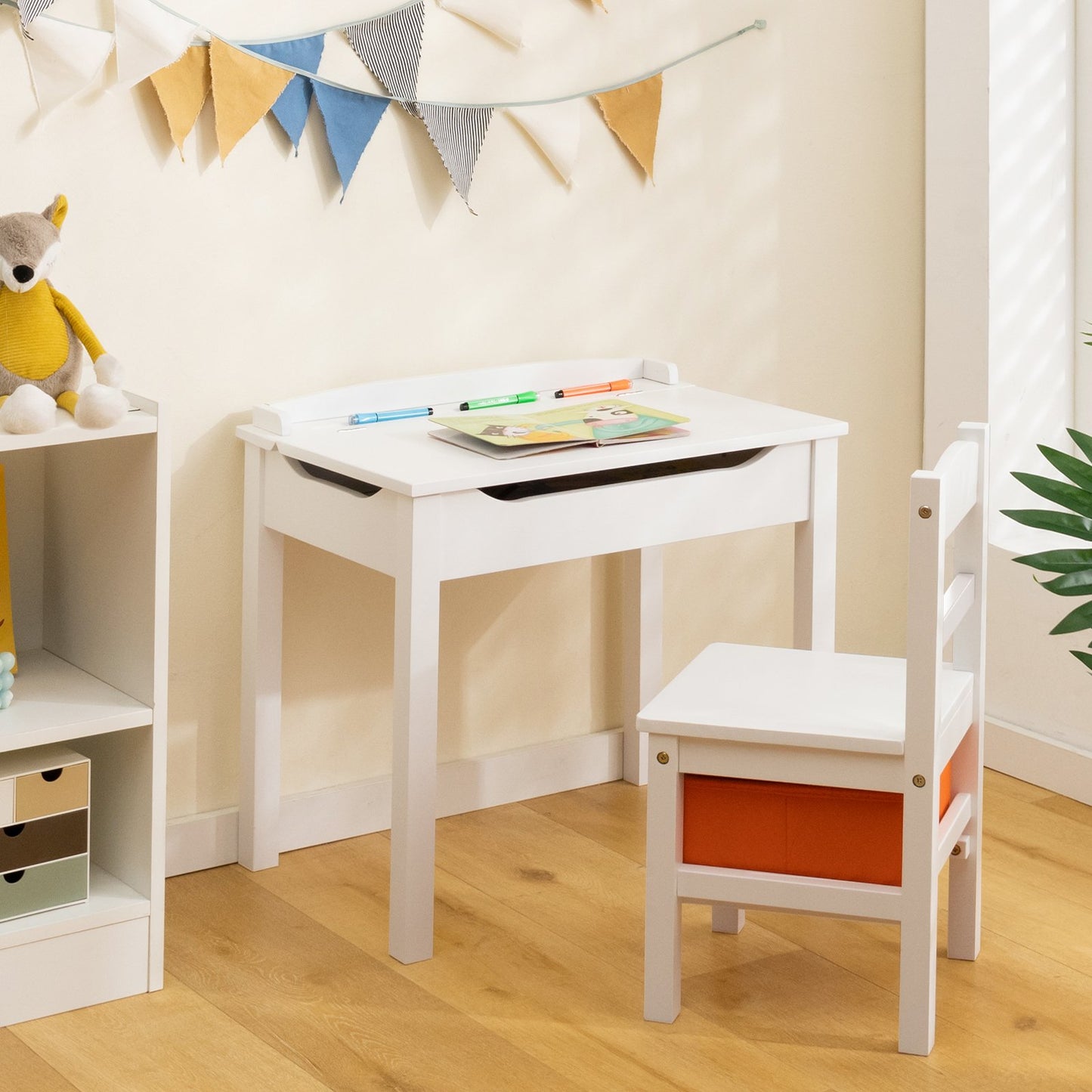 Wood Activity Kids Table and Chair Set with Storage Space-Brown