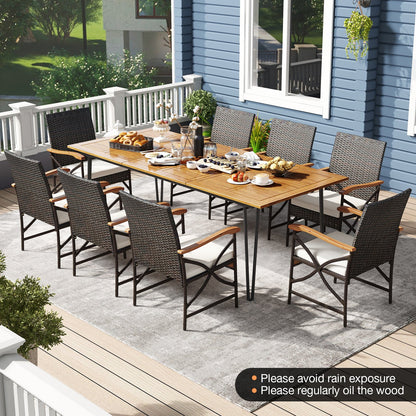 Wicker Patio Furniture Set of 8 Armchairs with Soft Cushions and Acacia Wood Square Table