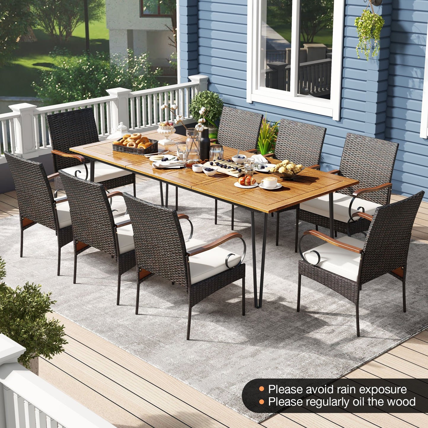 9 Pieces Outdoor Patio Dining Set with Soft Cushions and Umbrella Hole