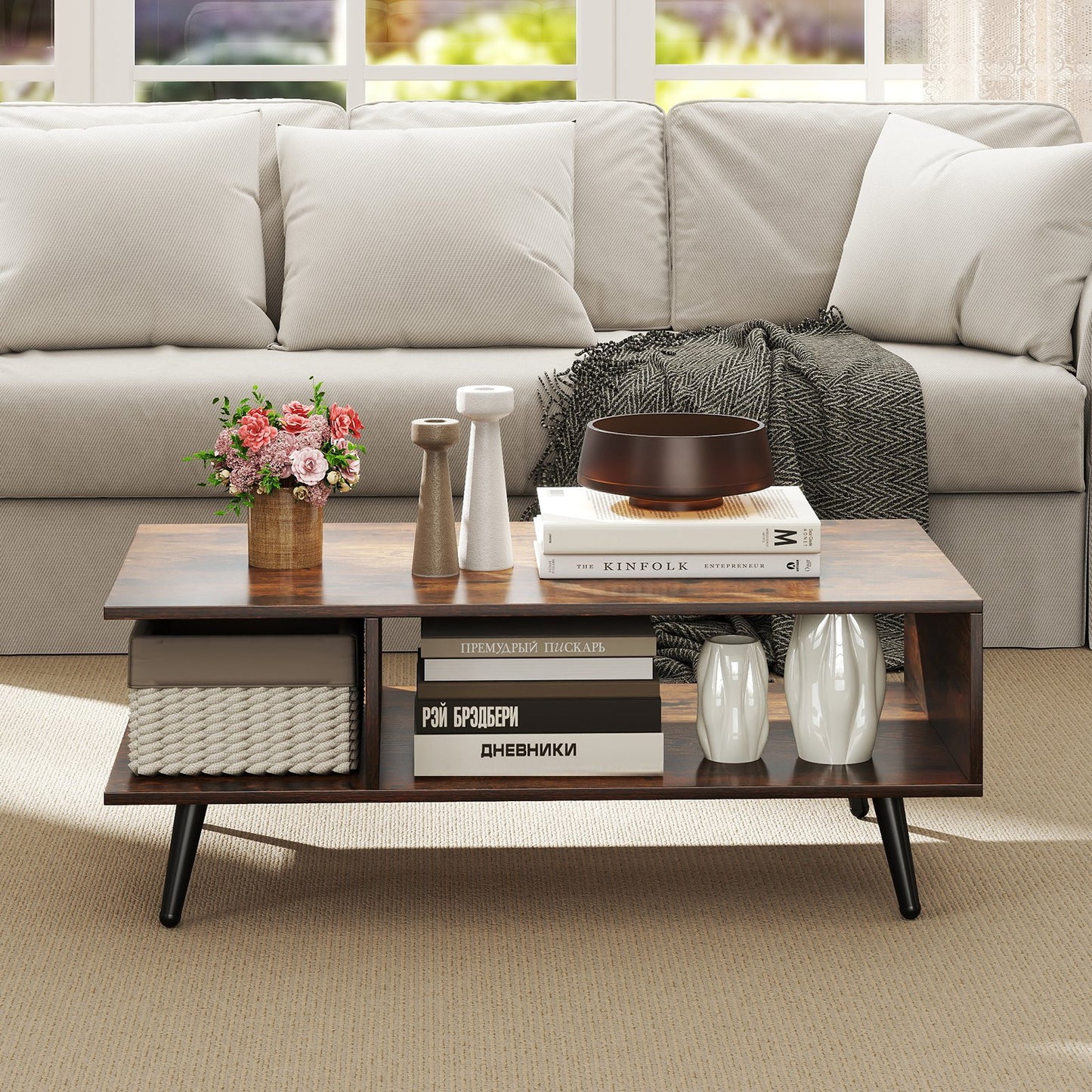 Mid Century Modern Rectangle Coffee Table 2-Tier Accent Table with 2 Open Compartments-Rustic Brown
