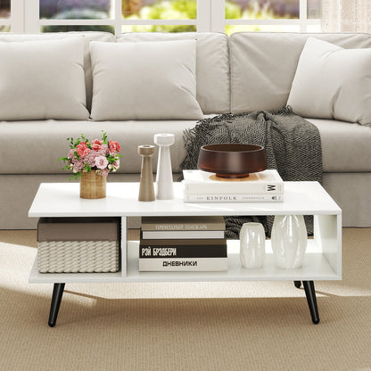 Mid Century Modern Rectangle Coffee Table 2-Tier Accent Table with 2 Open Compartments-Rustic Brown