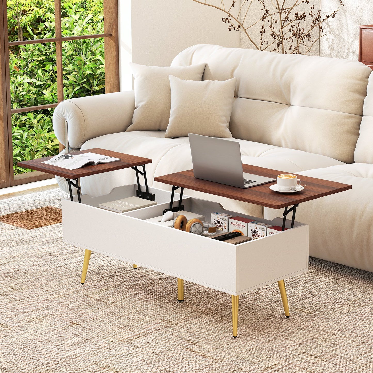 47 Inch Lift Top Coffee Table with 2 Hidden Compartments-Black