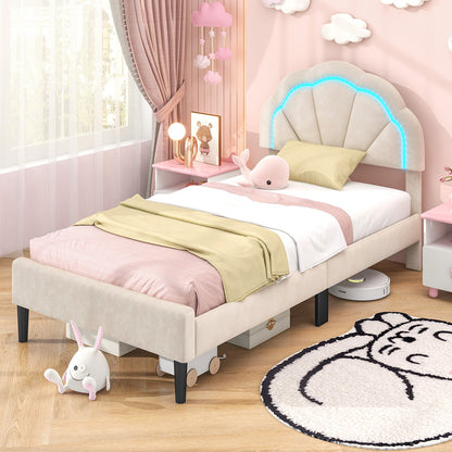 Upholstered LED Bed Frame with Adjustable Flower Headboard and Metal Support Feet-Queen Size