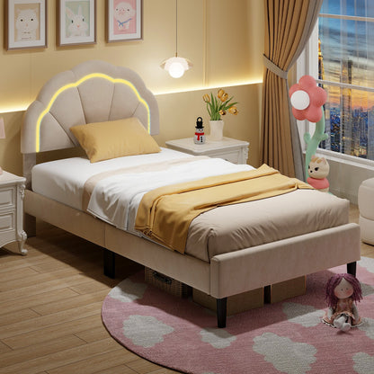 Upholstered LED Bed Frame with Adjustable Flower Headboard and Metal Support Feet-Queen Size