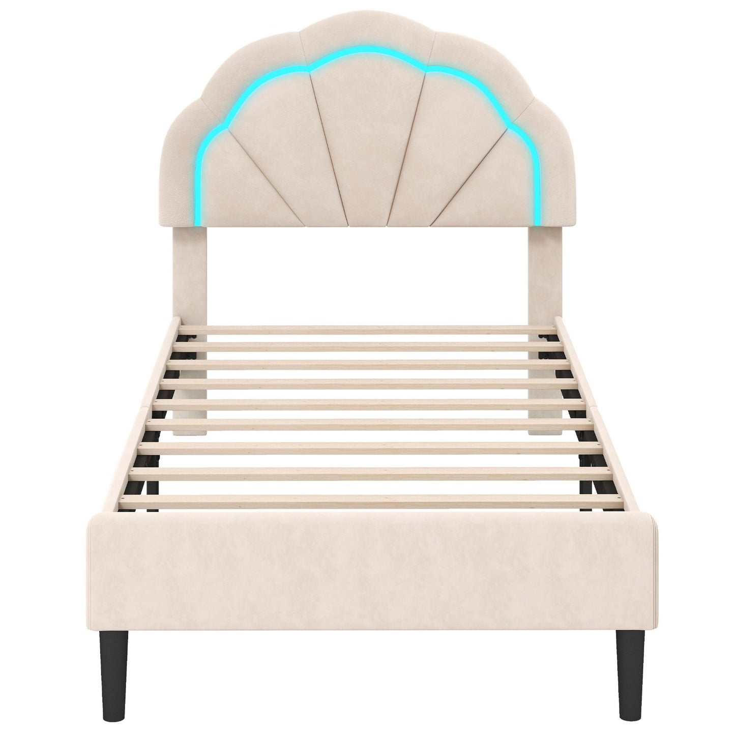 Upholstered LED Bed Frame with Adjustable Flower Headboard and Metal Support Feet-Queen Size
