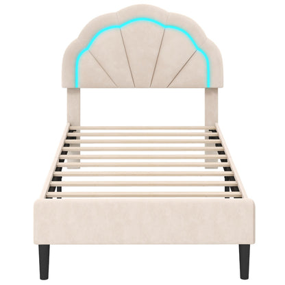 Upholstered LED Bed Frame with Adjustable Flower Headboard and Metal Support Feet-Queen Size