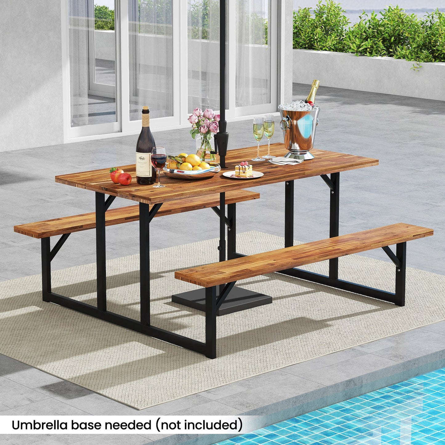 6-Person Acacia Wood Picnic Table with 2 Built-In Benches