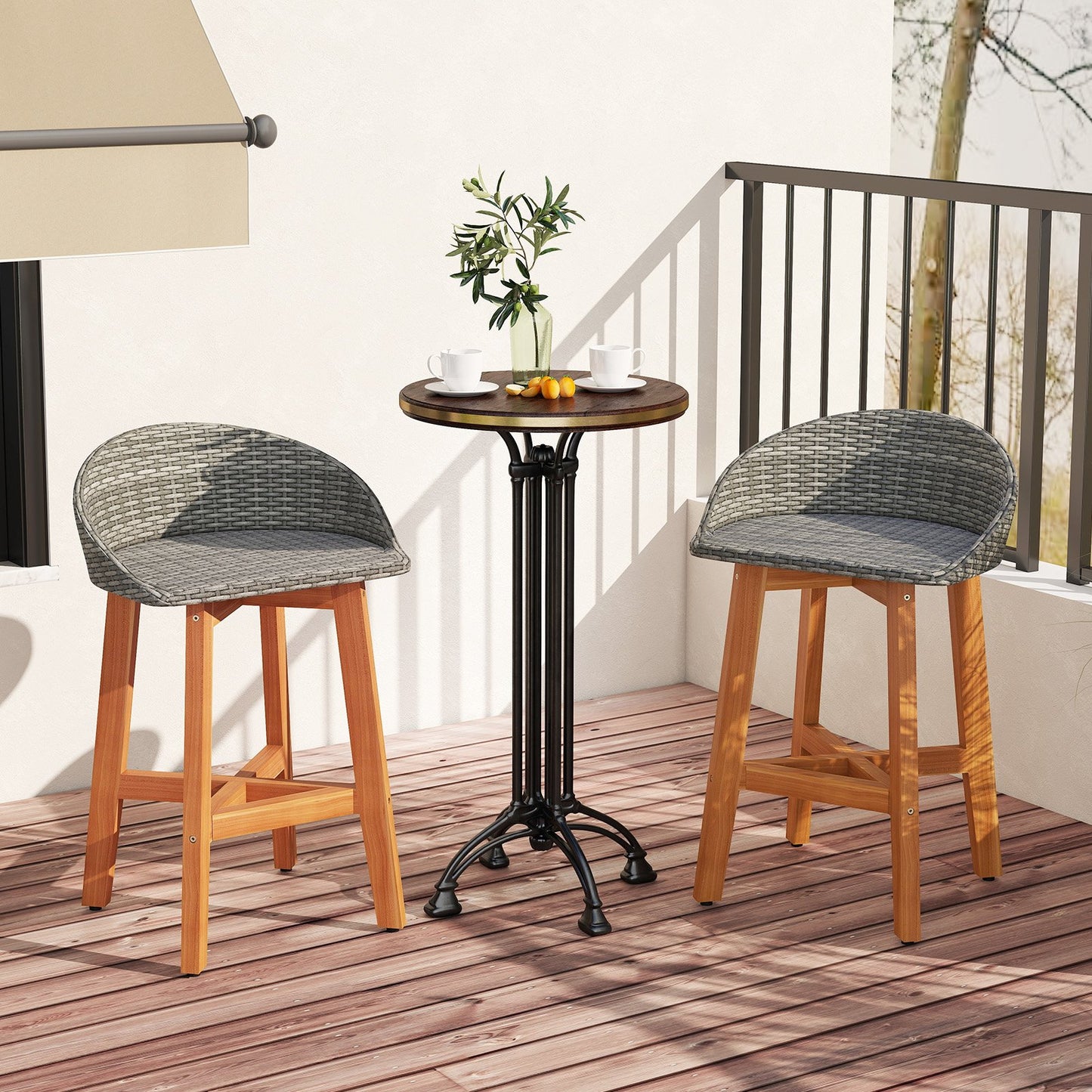 Outdoor Faux Rattan Bar Chairs Set of 2 with Ergonomic Backrests and Footrests-Brown