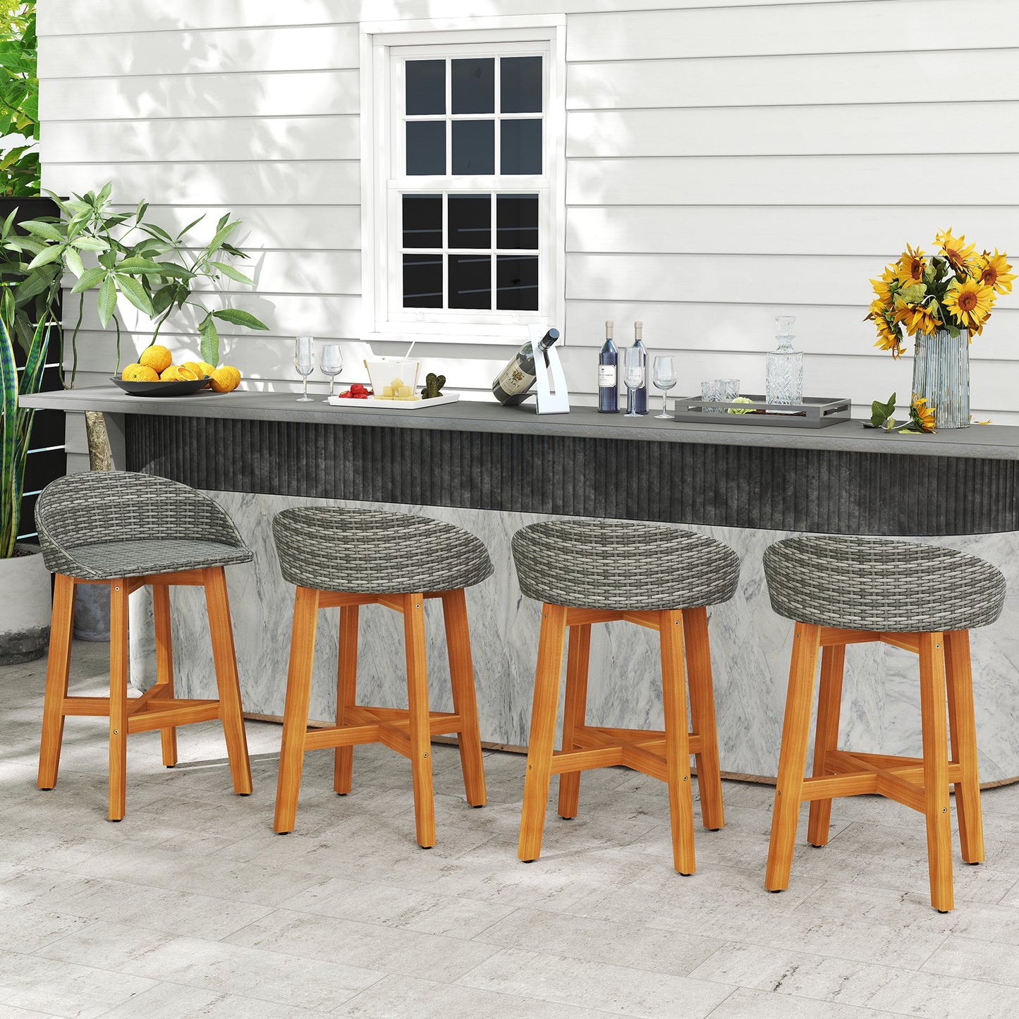 Outdoor Faux Rattan Bar Chairs Set of 2 with Ergonomic Backrests and Footrests-Brown