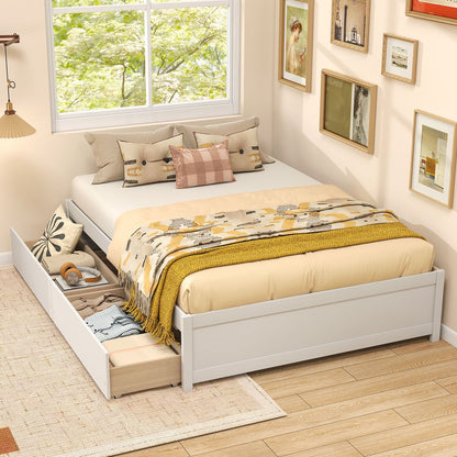 Full Size Wooden Bed Frame with 2 Rolling Storage Drawers-Natural