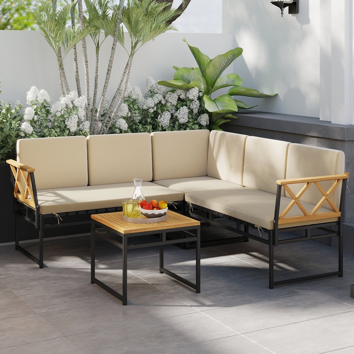 4 Pieces Patio L-Shaped Sofa Set with Cushions and Side Table-Brown