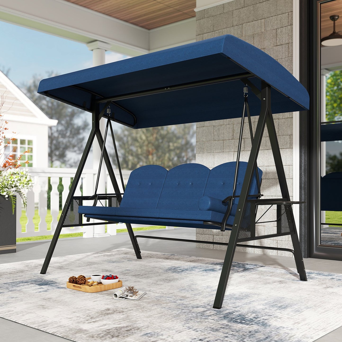 3-Seat Patio Swing Chair Porch Swing with Adjustable Canopy Thickened Cushions Pillow and Foldable Side Trays-Grey