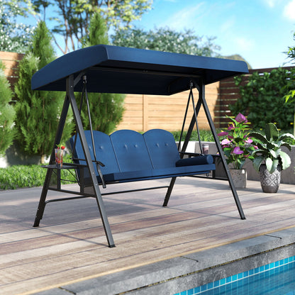 3-Seat Patio Swing Chair Porch Swing with Adjustable Canopy Thickened Cushions Pillow and Foldable Side Trays-Grey